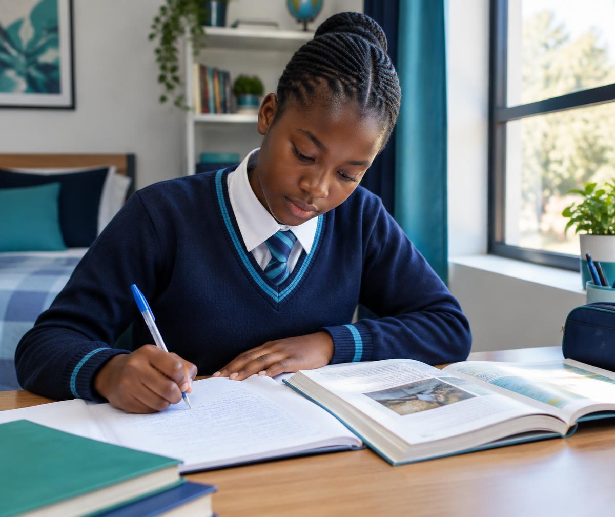 A Zambian learner revising with her notes and textbook